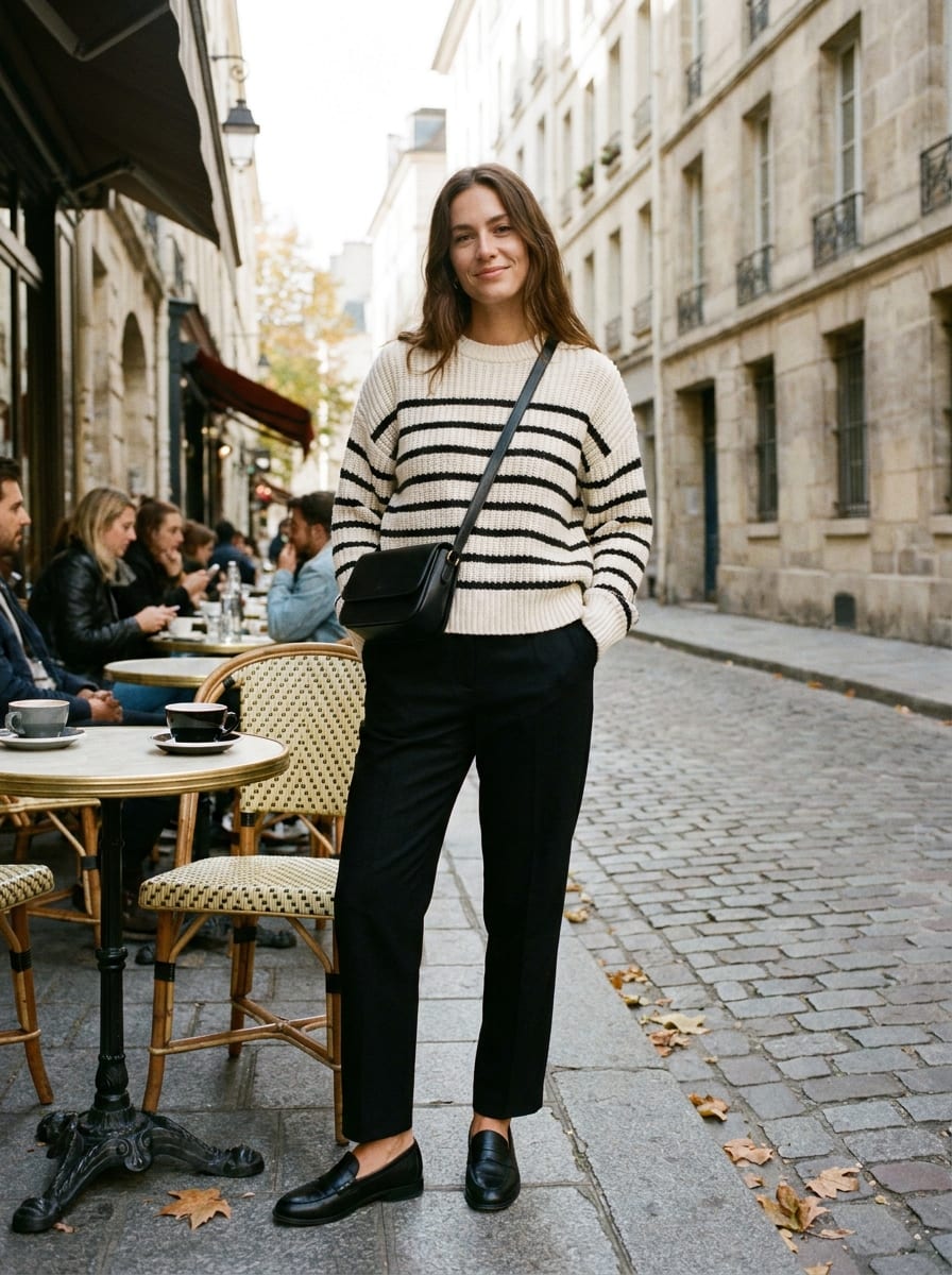Schwarze Hose mit gestreiftem Pullover - Herbst Outfit